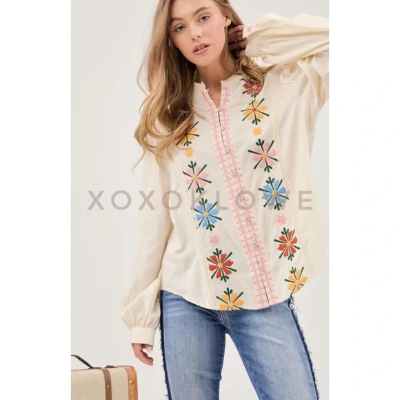 Boho Cream Blouse Flower Embroidery Button Front - Picture 1 of 13